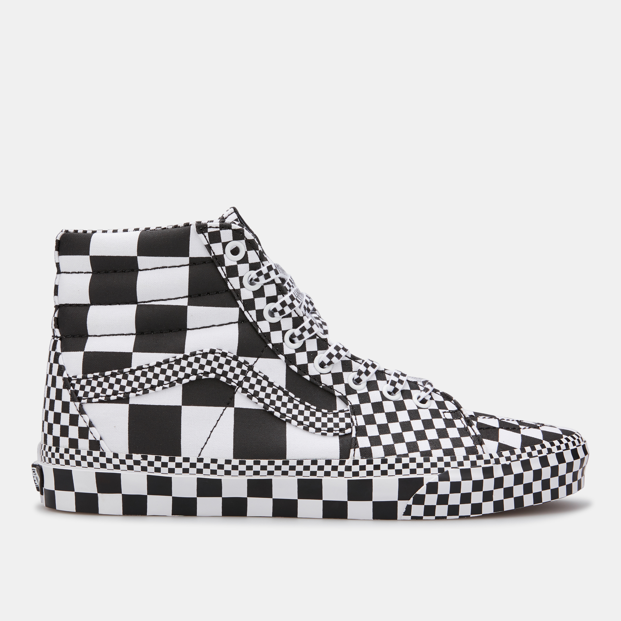 black checkerboard high top vans